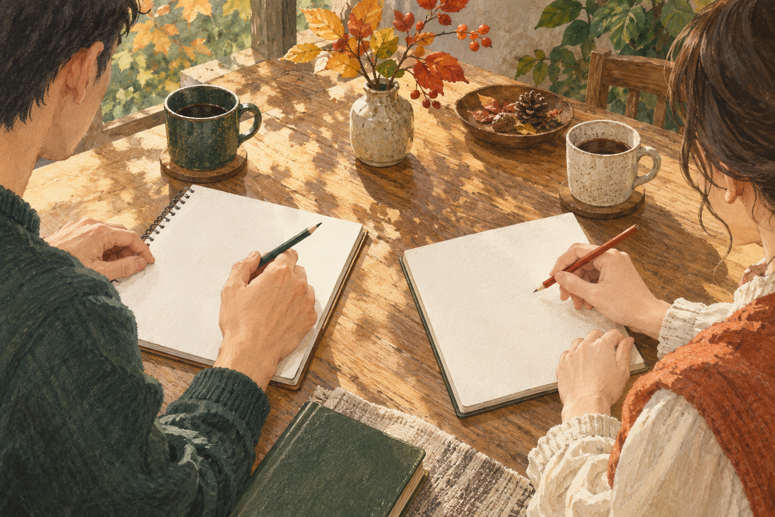 二人が別々のノートに、自分の希望を書き出そうとしている