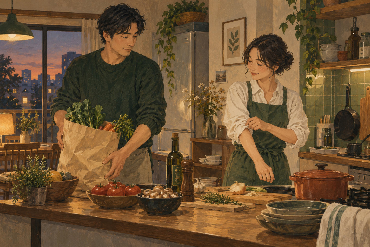 買い物をしてきた人と、台所で夕食の準備をする人が協力する