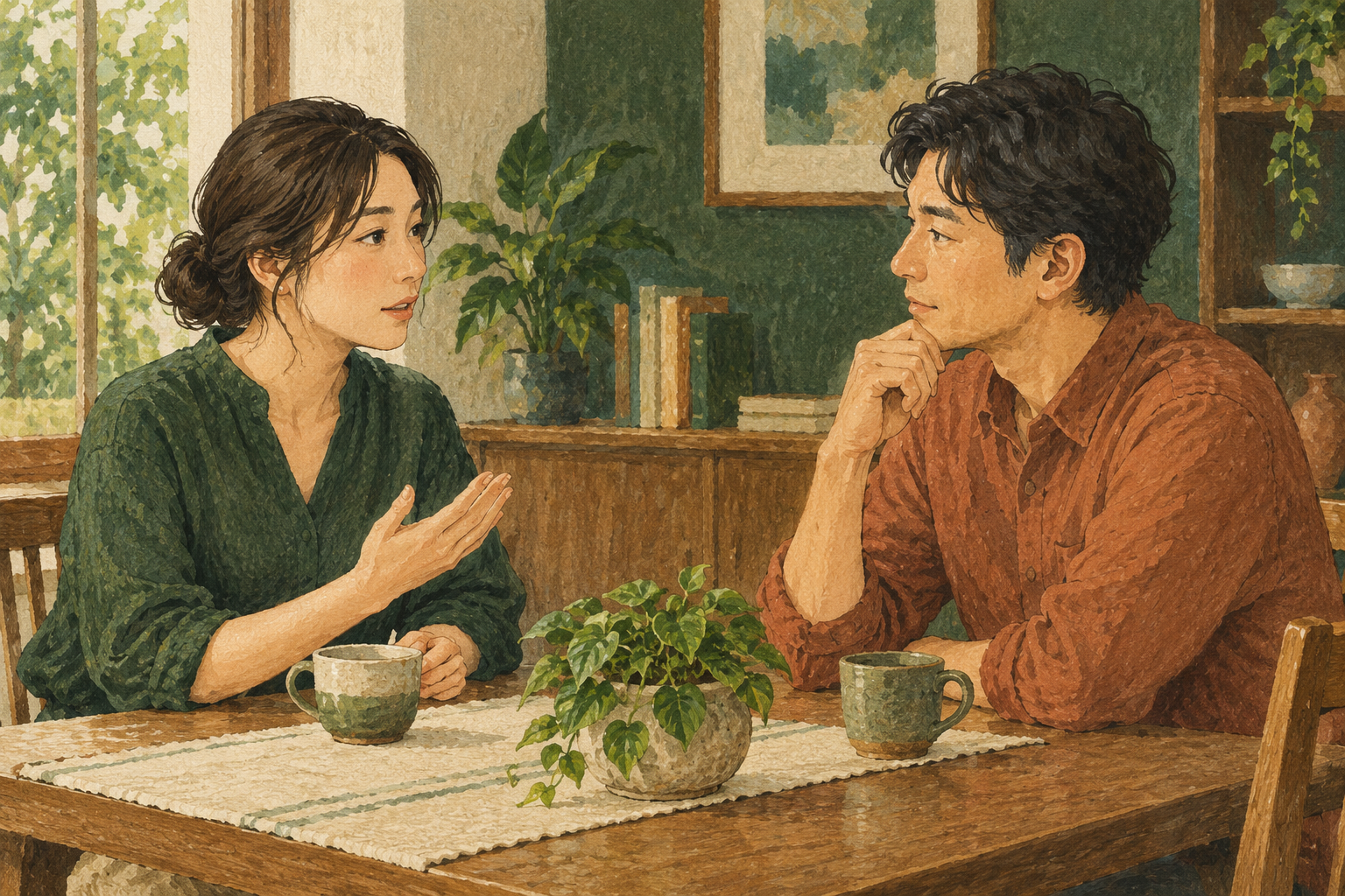 食卓で自分の希望を穏やかに伝える人と、耳を傾ける恋人