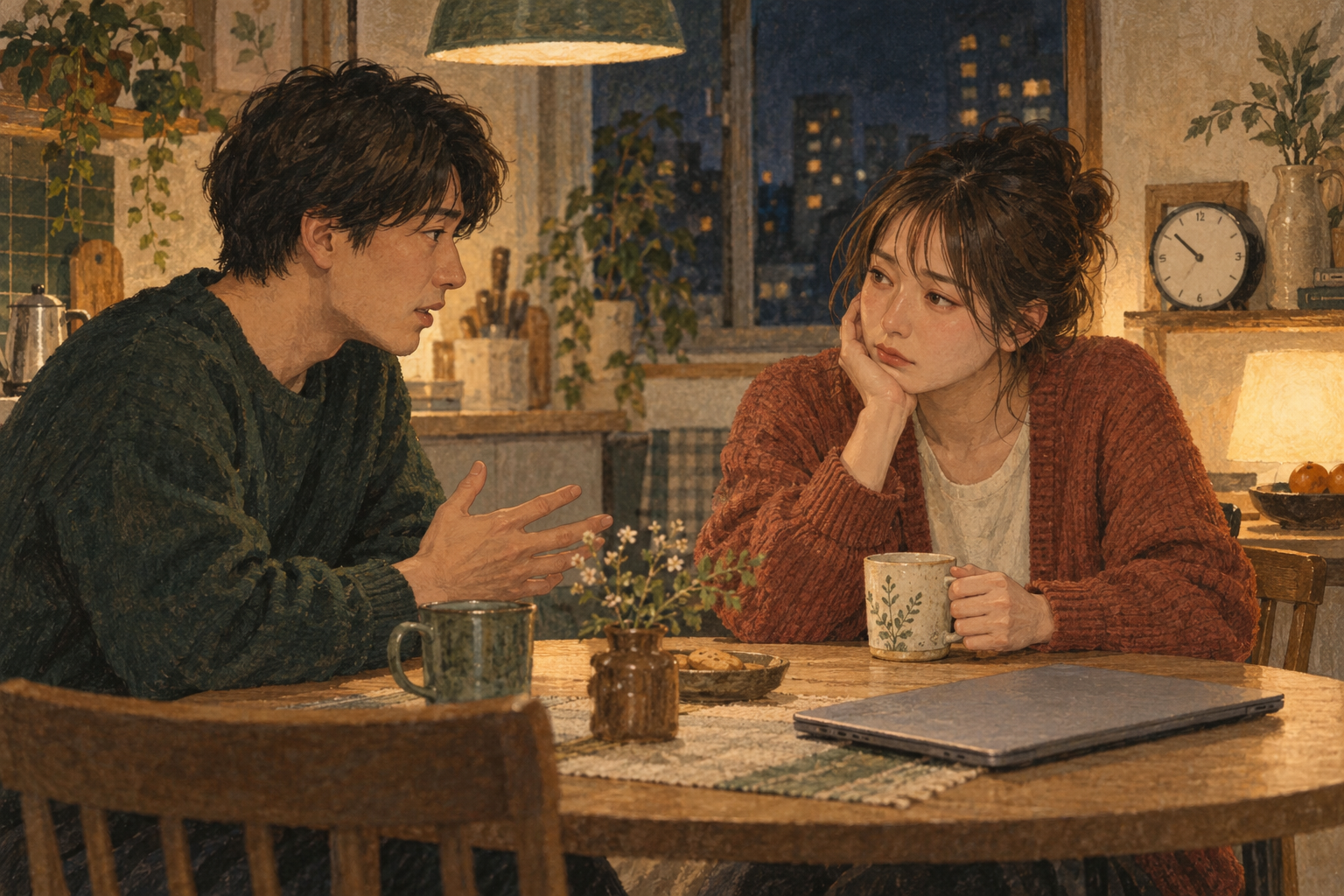 夜の食卓で恋人の話を聞き、少し疲れた表情でカップを持つ人