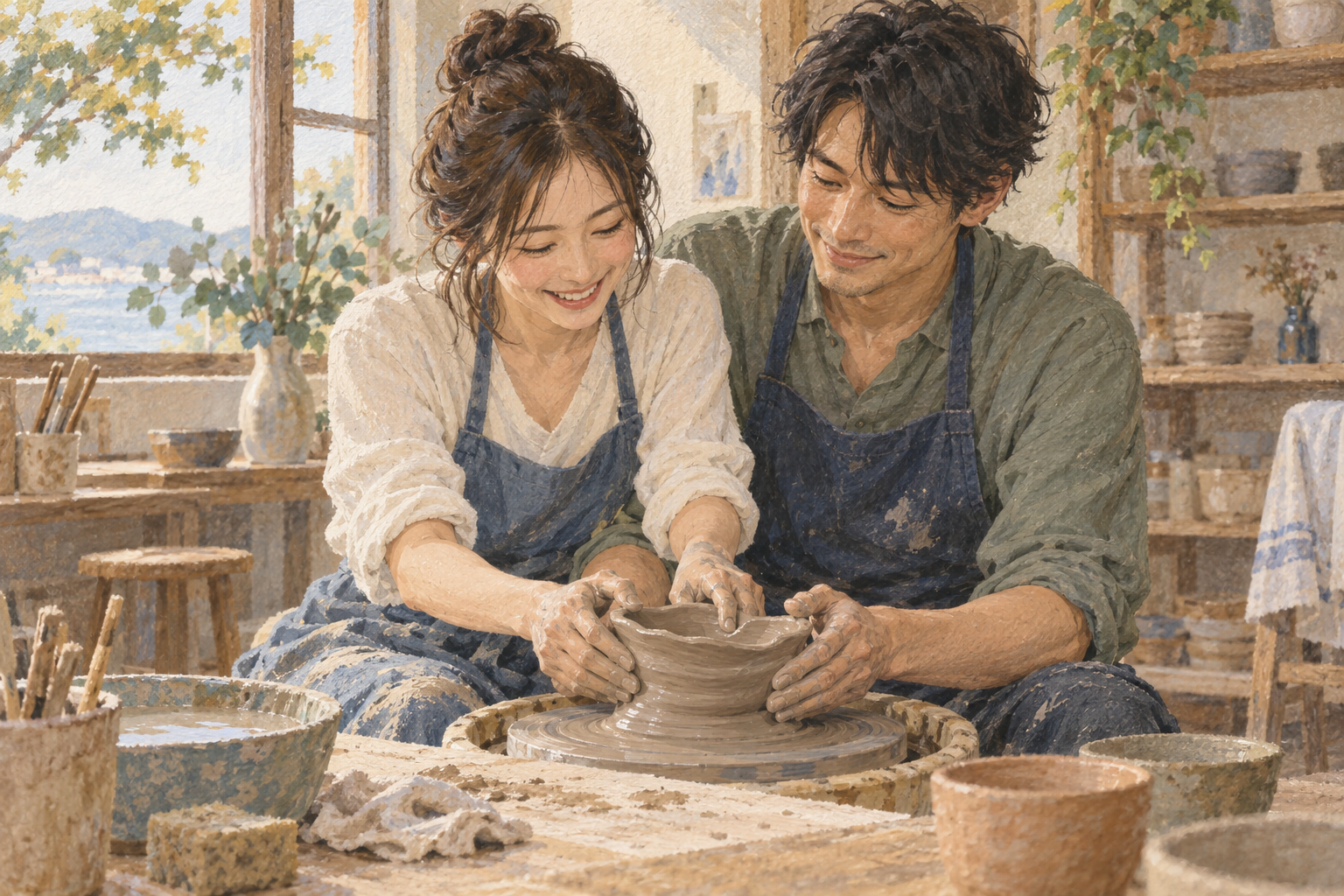 陶芸を一緒に体験し、思いがけない出来栄えを笑い合う二人