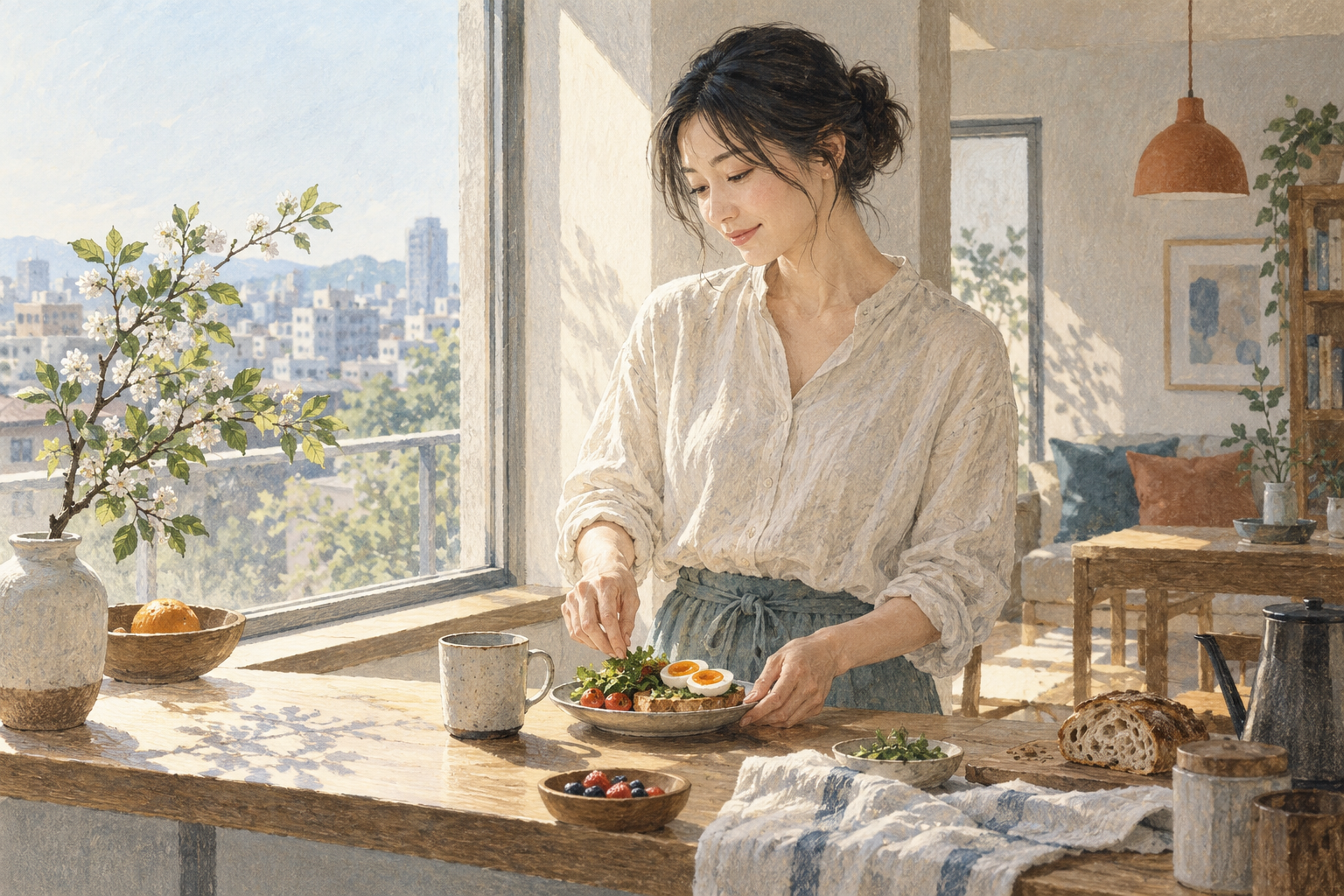 朝の食卓で温かい飲み物を手に、日常を少しずつ取り戻す女性のイラスト