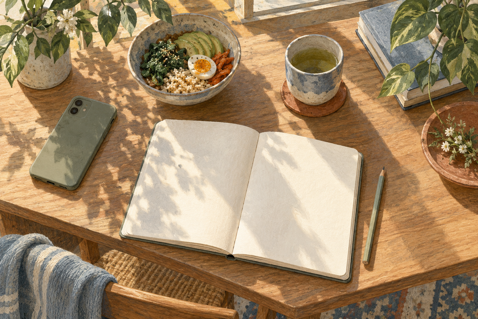 食事と手帳、伏せたスマートフォンを並べた暮らしの立て直しのイラスト