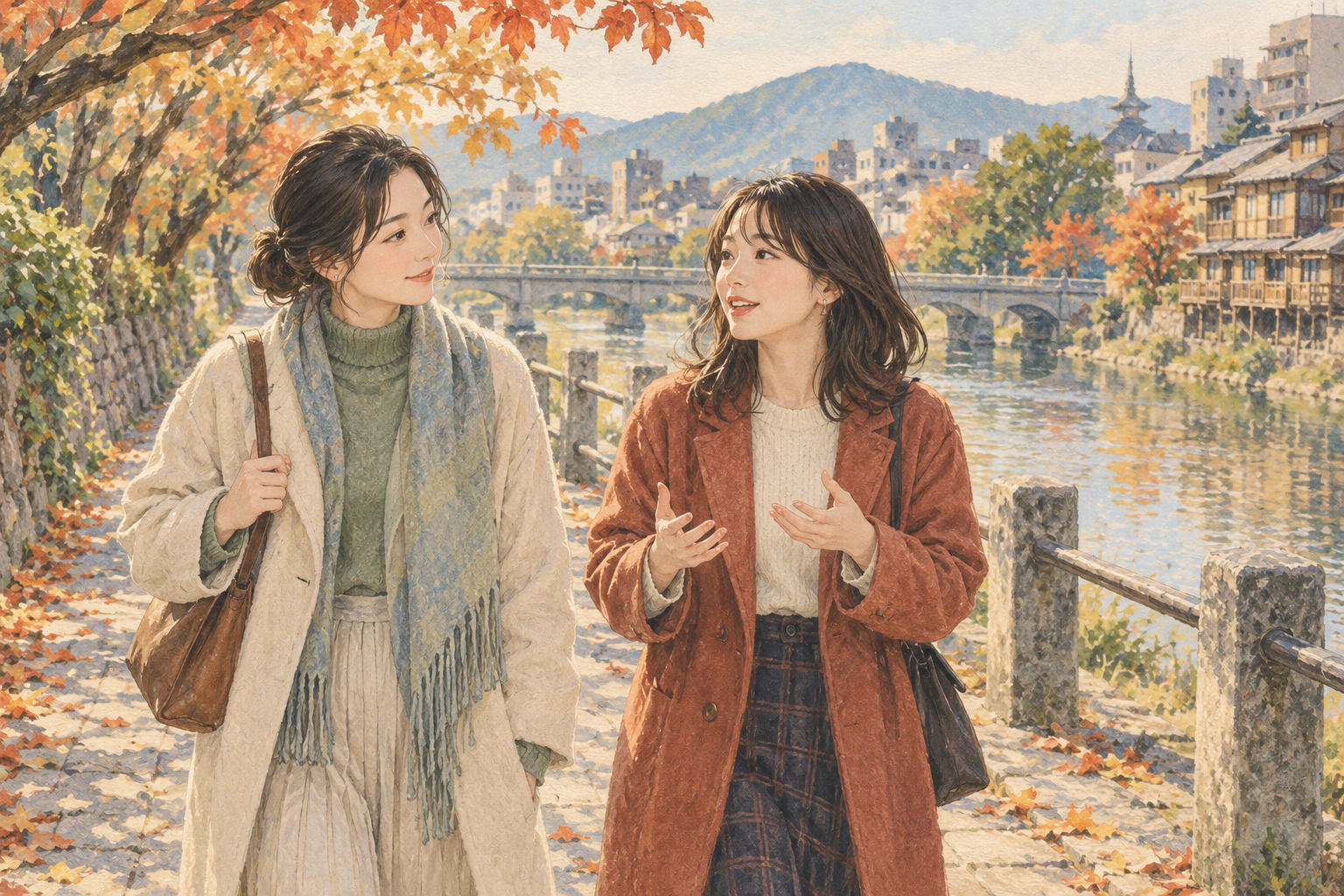 川沿いを友人と歩き、話を聞いてもらう二人のイラスト