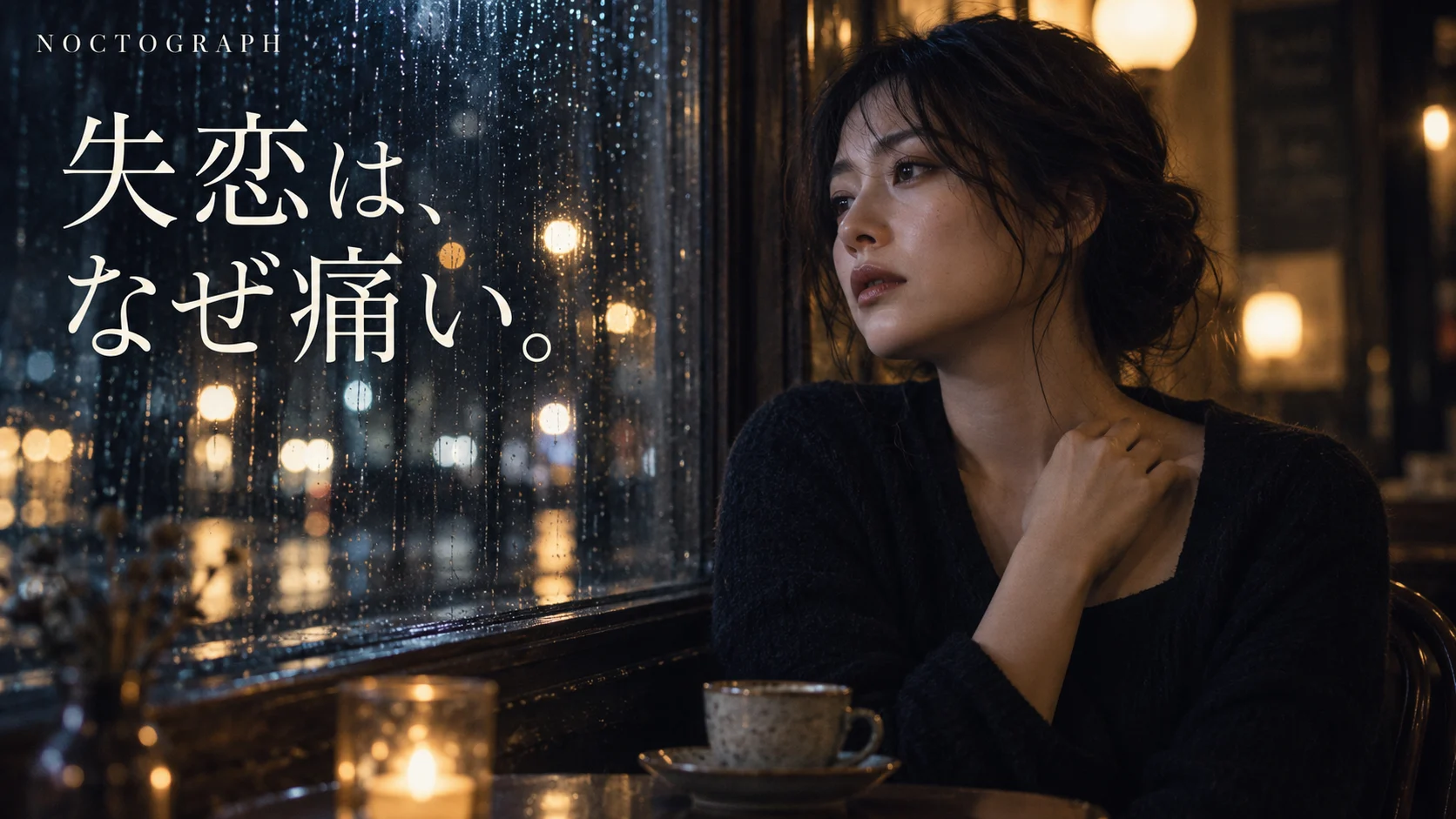 雨のカフェで考える女性と「失恋は、なぜ痛い。」の文字