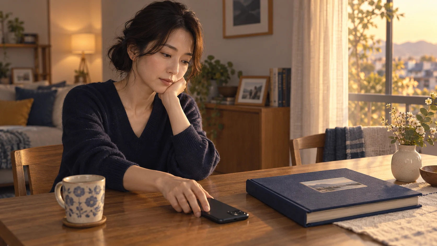スマートフォンを伏せ、閉じたアルバムのそばに座る女性