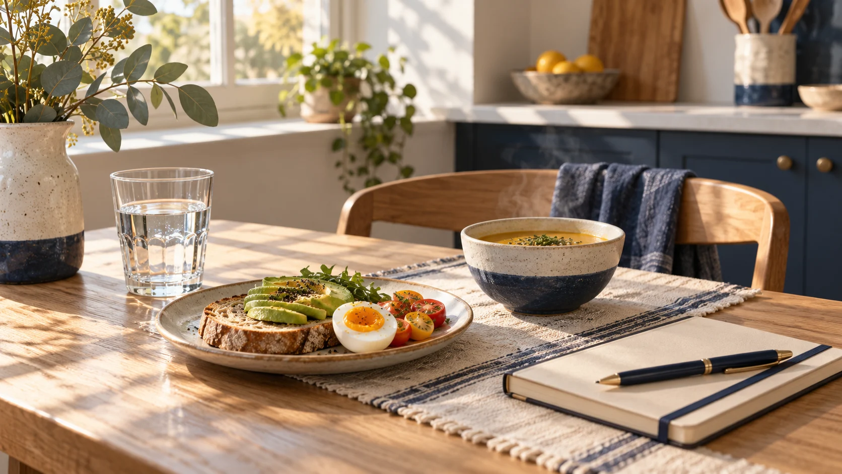 朝の光が入る食卓に並ぶスープと水とノート