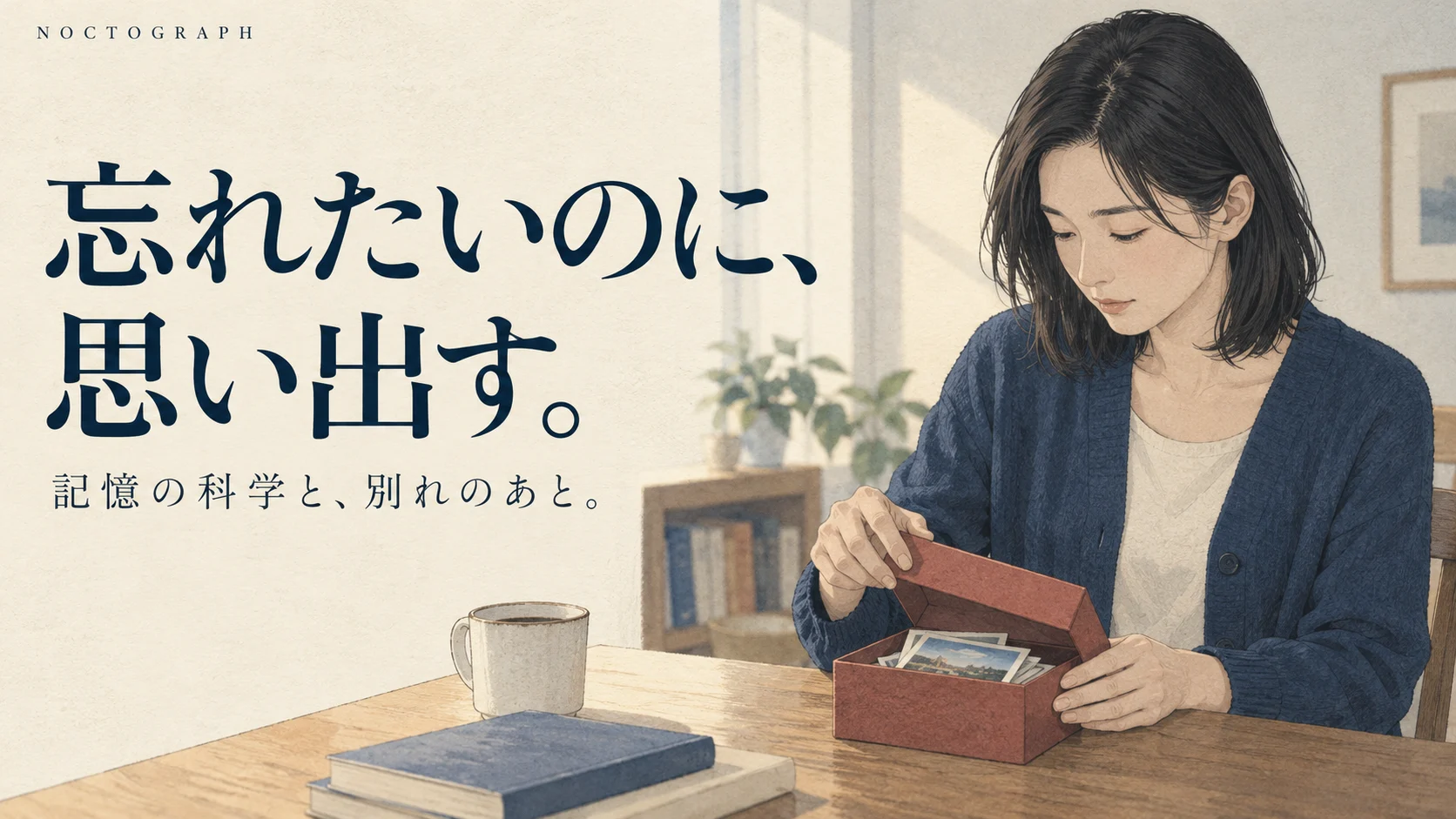 思い出の写真を箱にしまう女性と「忘れたいのに、思い出す。」の文字