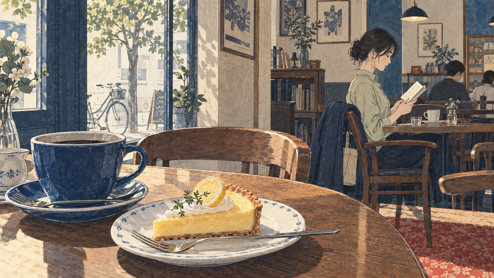 喫茶店で一人読書する女性と、コーヒーとレモンタルト