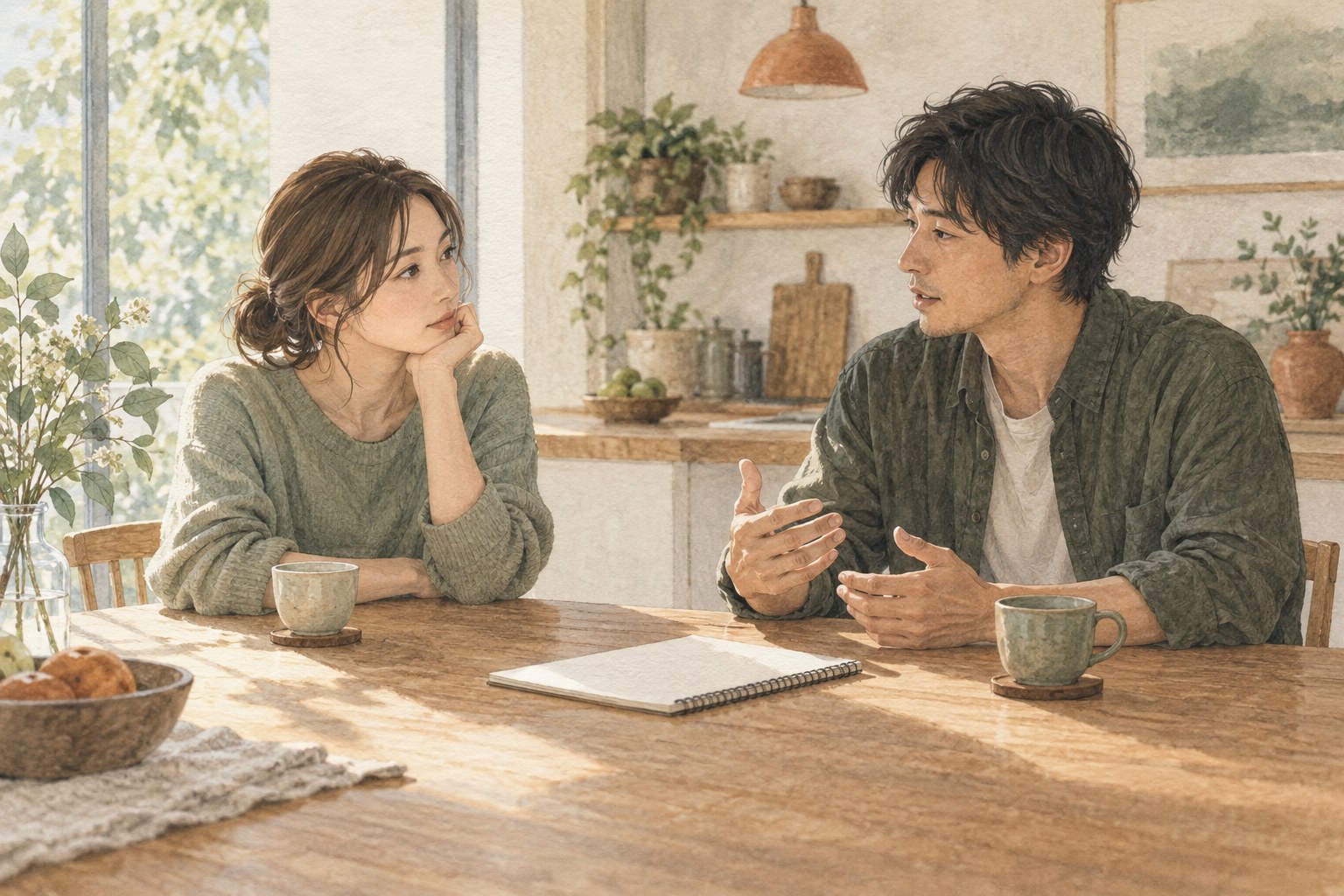 ノートを挟んでこれからの関係について落ち着いて話す二人