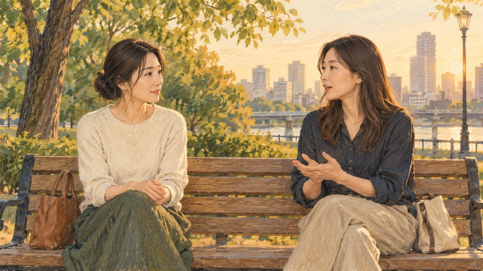公園のベンチで話す二人の女性