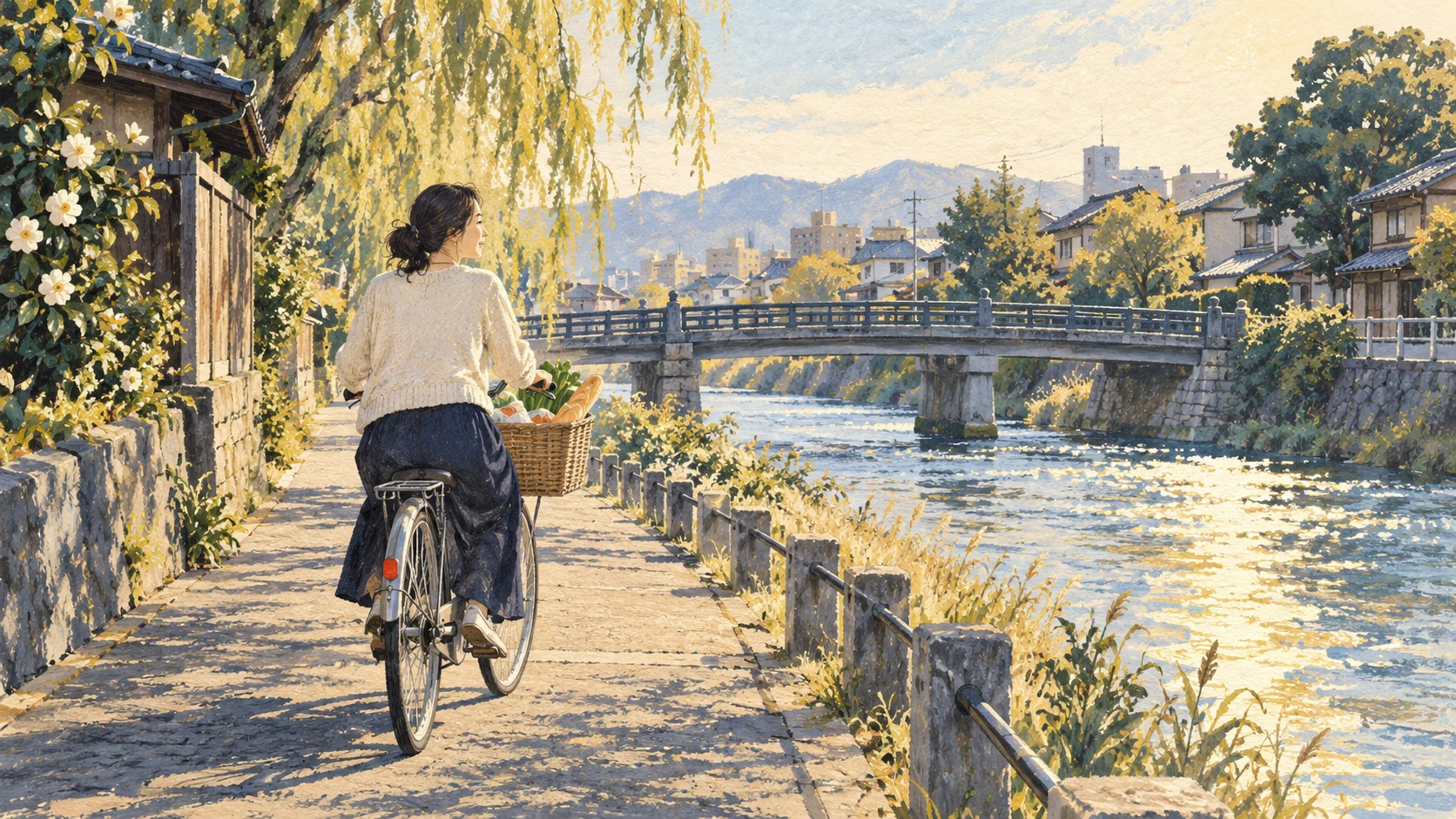 買い物かごを載せた自転車で川沿いを進む女性