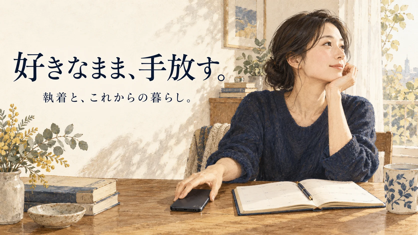 机にスマートフォンを置く女性と「好きなまま、手放す。」の文字
