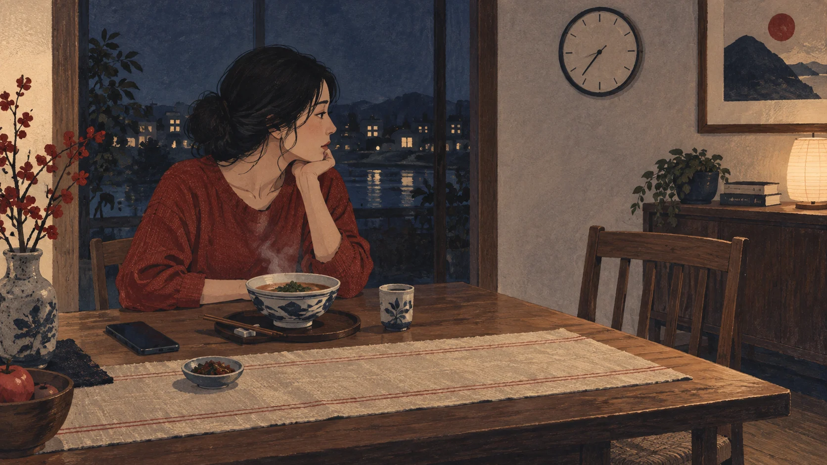 夕食とスマートフォンを前に座る女性