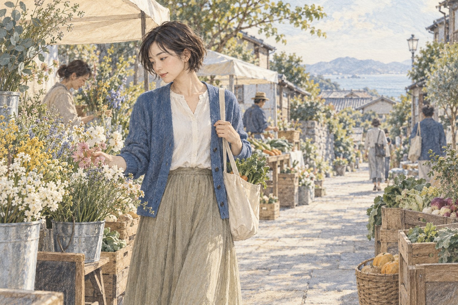 市場で花を眺めながら、自分の買い物を楽しむ女性のイラスト