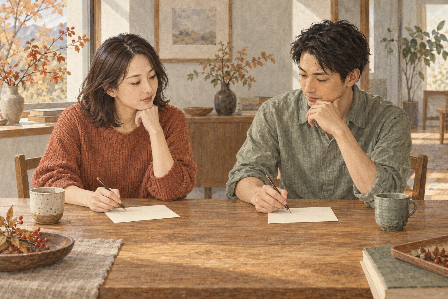 二人がそれぞれの紙に、話し合いたいことを書き留めるイラスト