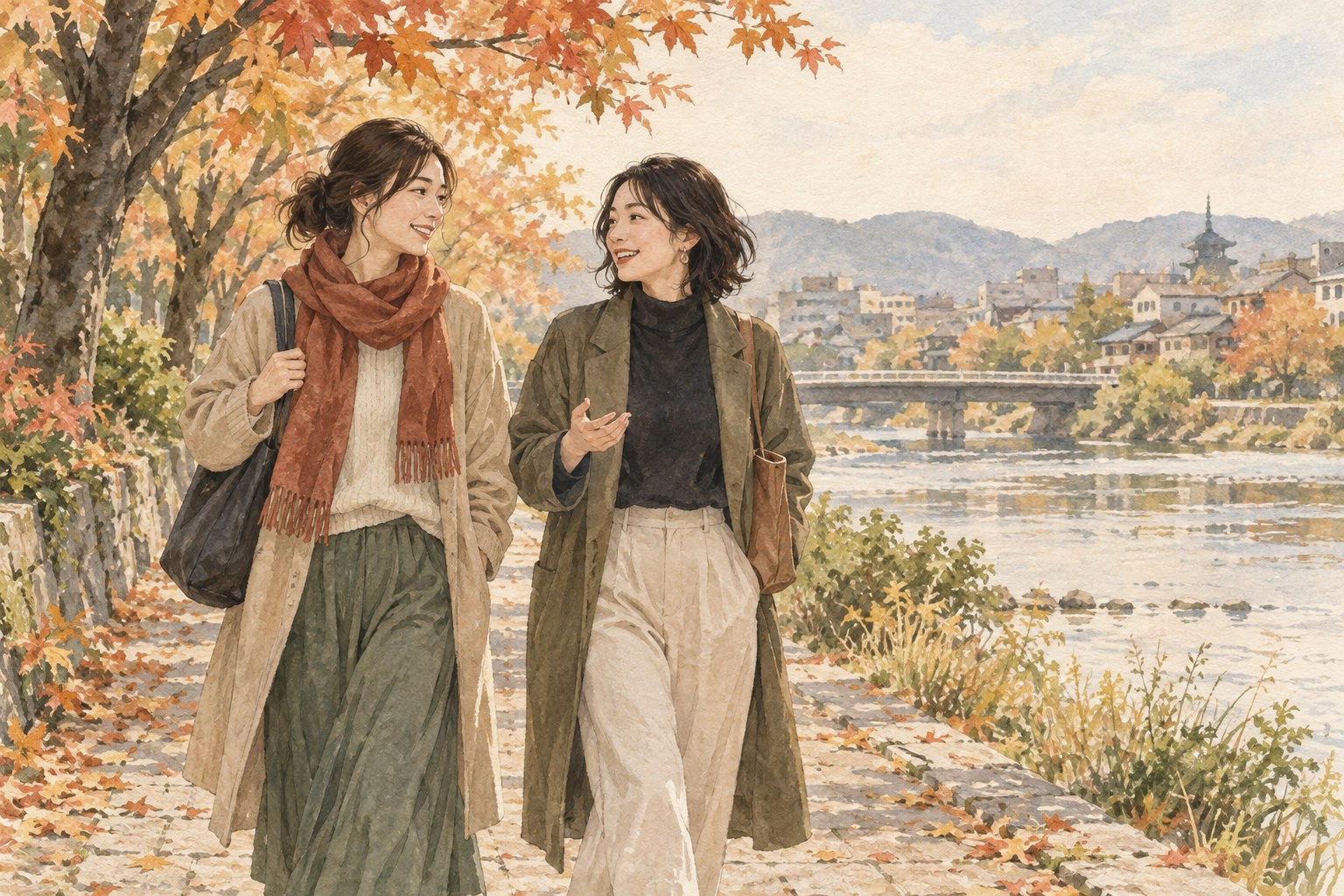 川沿いを友人と歩く女性