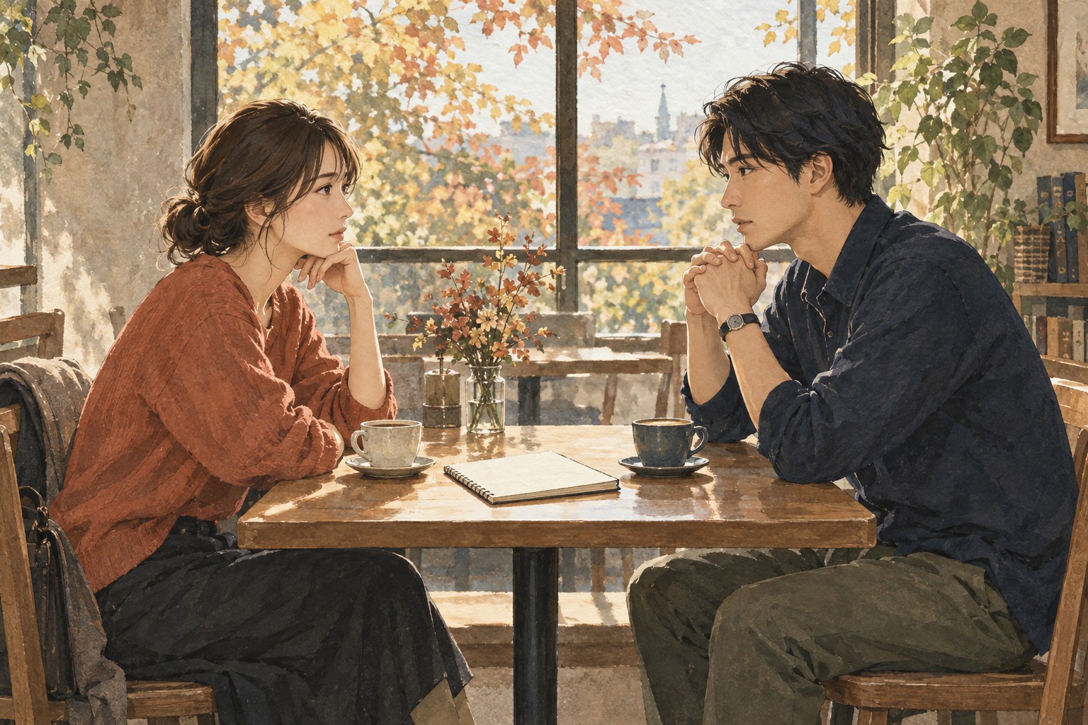 カフェで向かい合い、落ち着いて話し合う二人