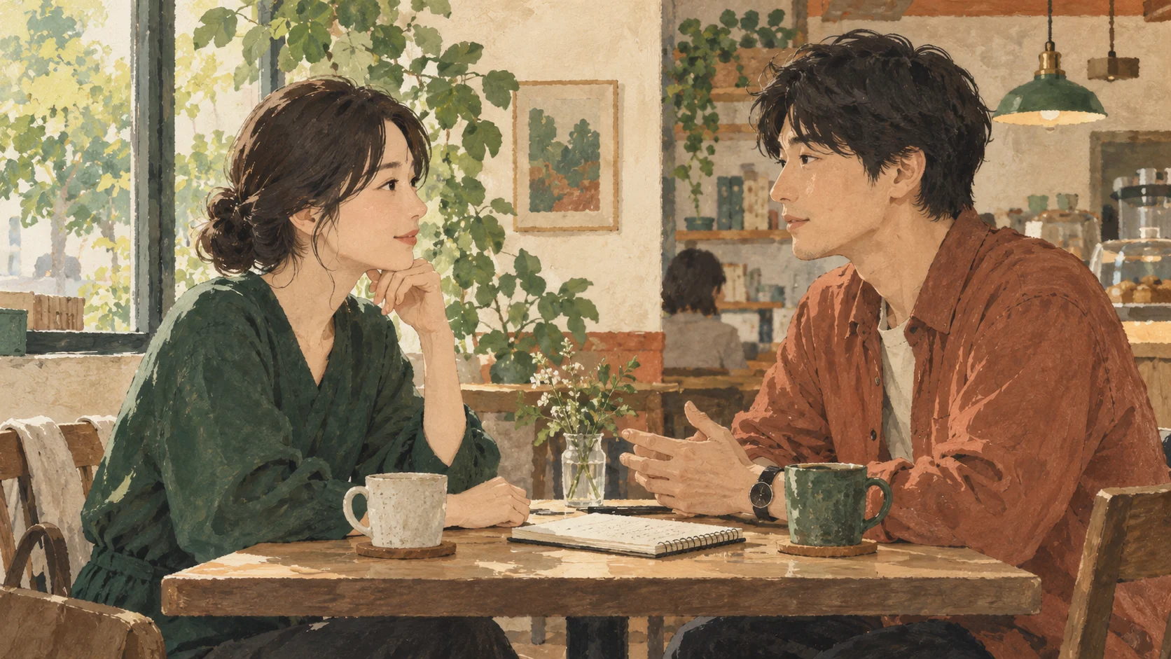 カフェで落ち着いて話し合う二人