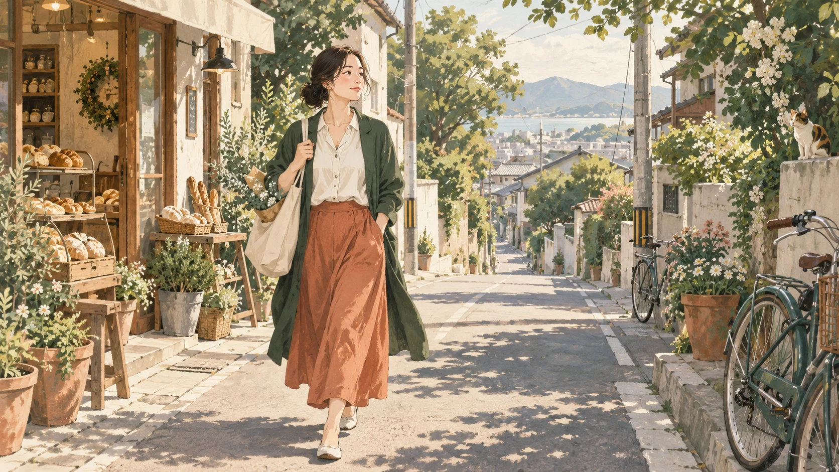 パン屋のある街角を歩く女性