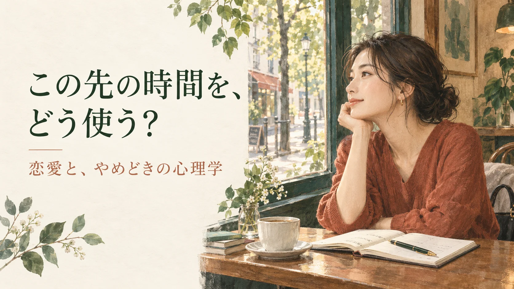 カフェの女性と「この先の時間を、どう使う？」の文字