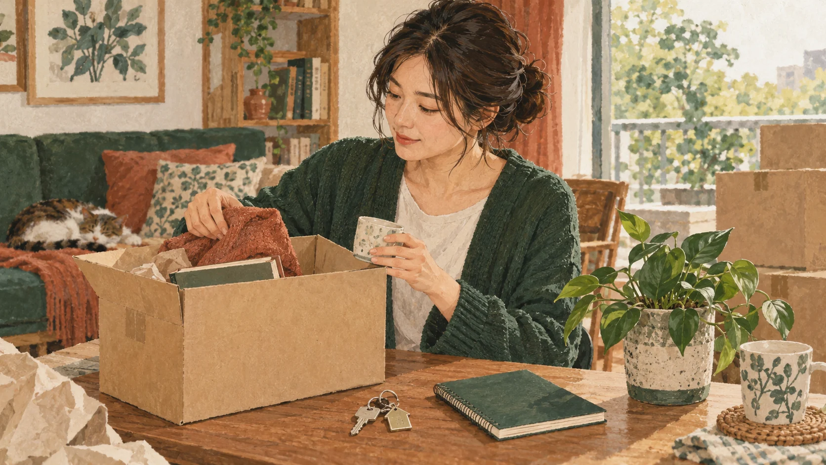 箱に荷物を整理する女性と鍵、観葉植物