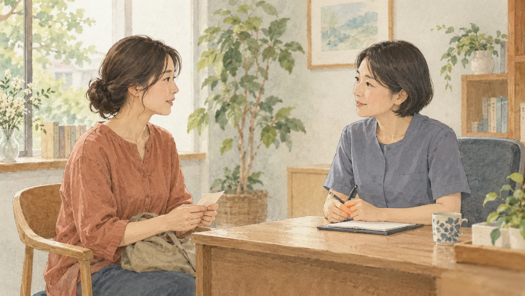 メモを手に相談員と話す女性のイメージ