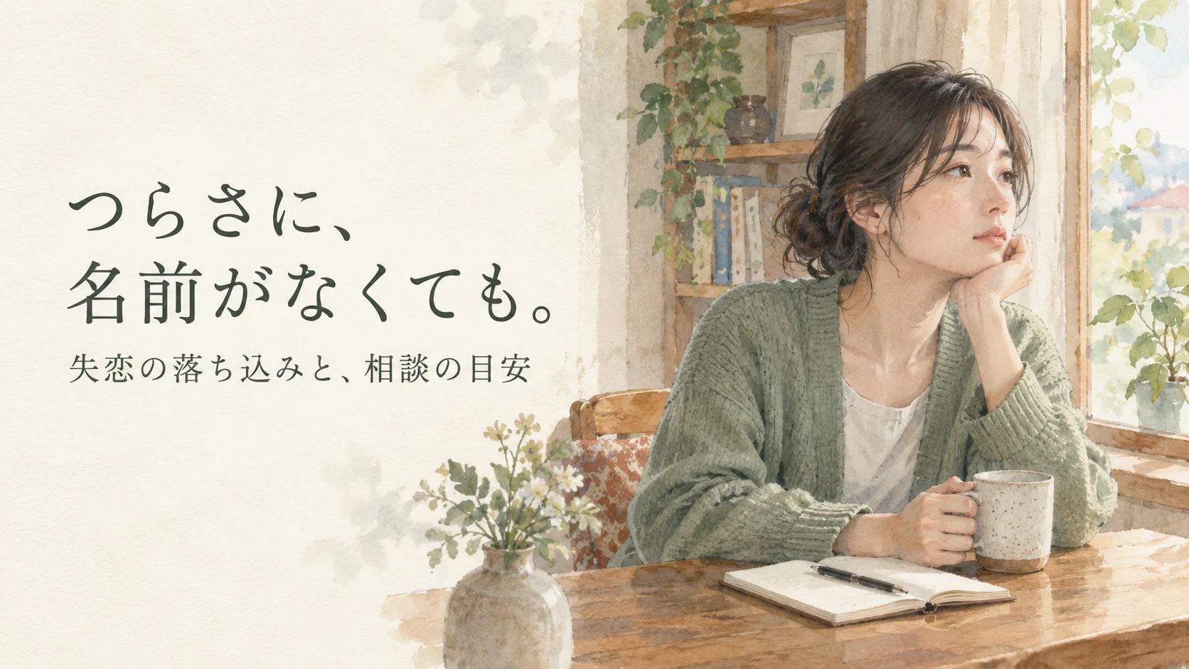 窓辺の女性と「つらさに、名前がなくても。」の文字