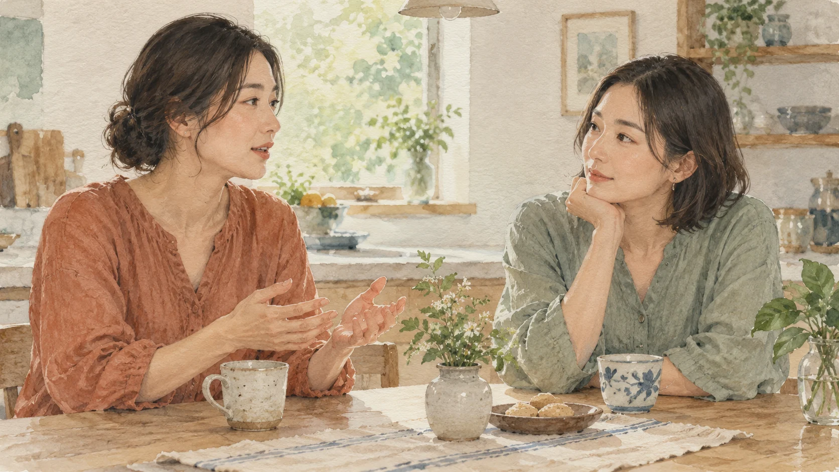 食卓で友人の話に耳を傾ける女性