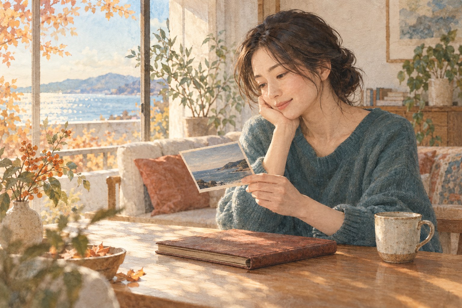 窓辺で昔の海辺の写真を眺める女性のイラスト