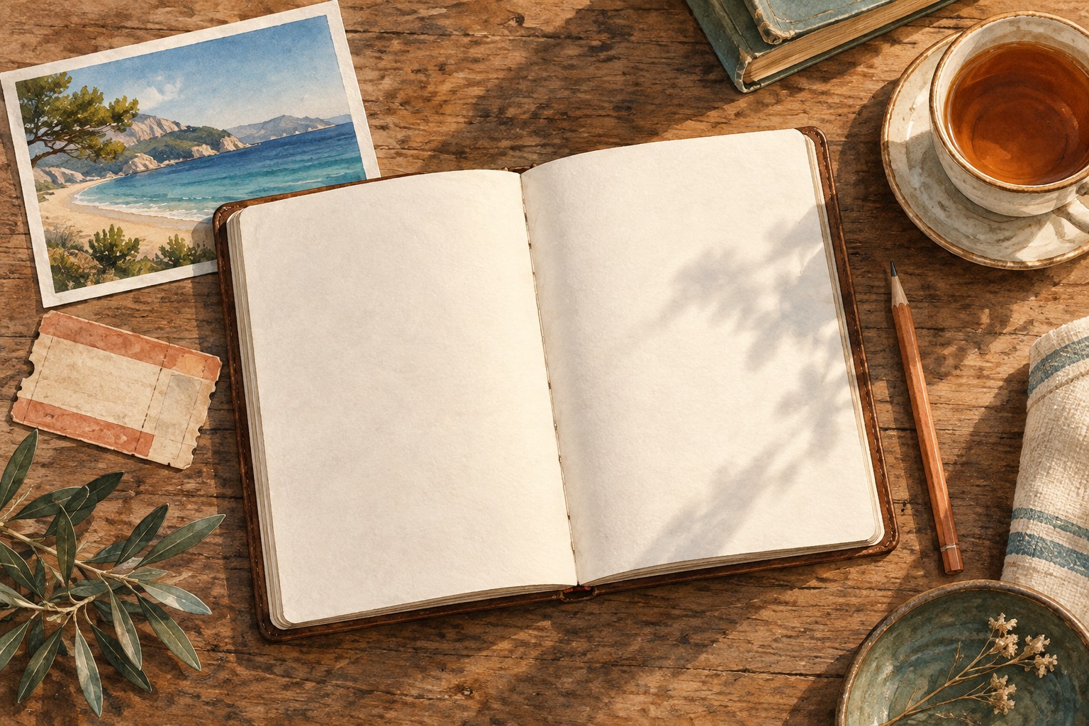 海の写真と旅の切符、白いノートを机に並べたイラスト