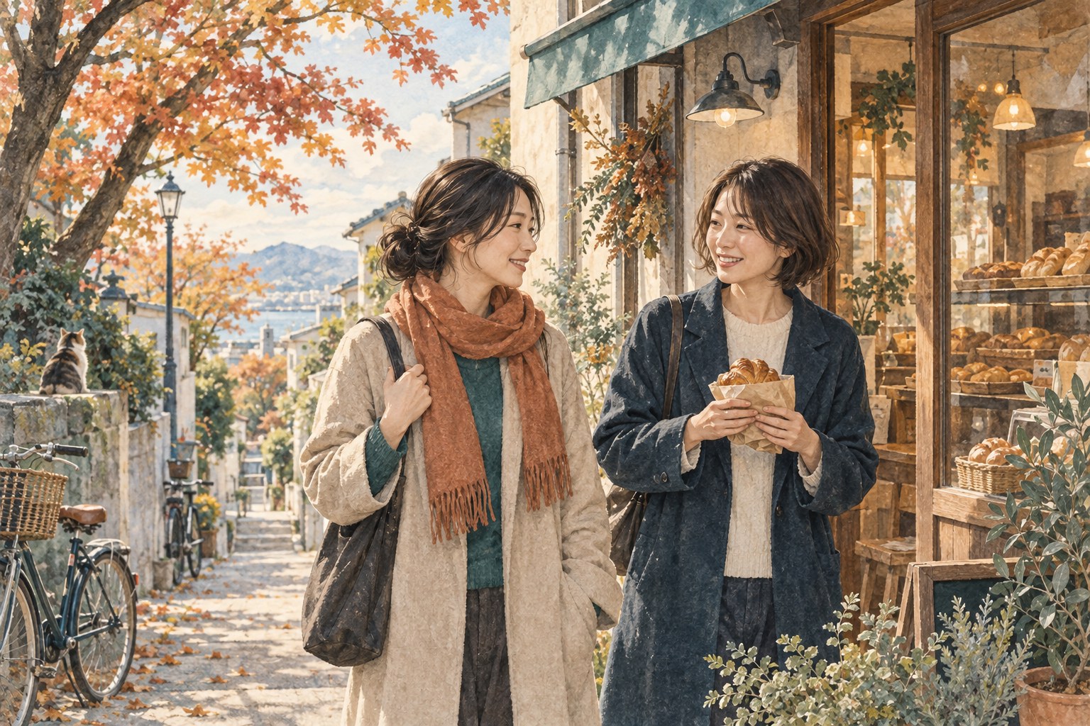 秋の街を友人と歩き、パン屋へ向かう二人の女性のイラスト