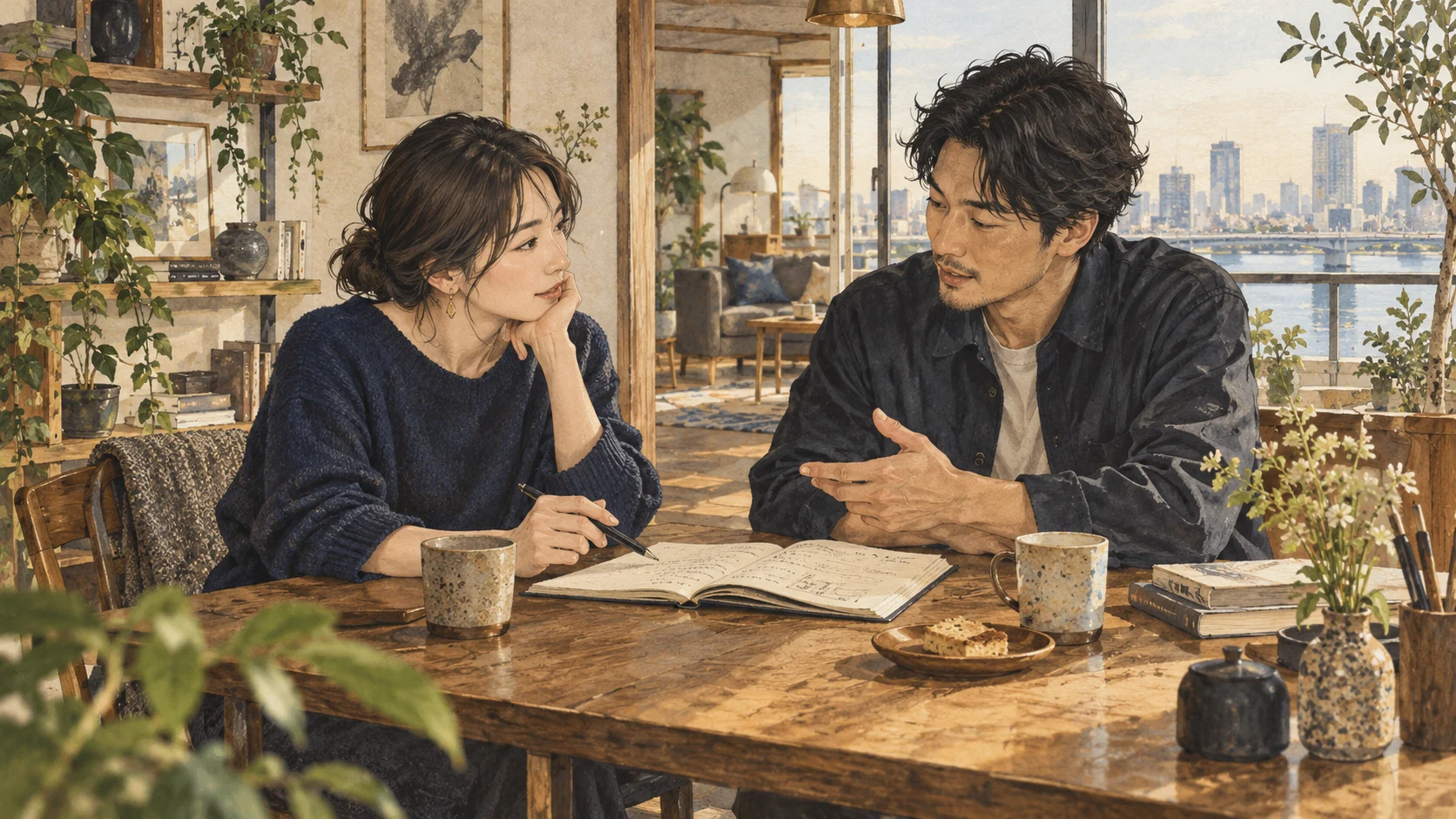 カフェで落ち着いて話をする友人同士