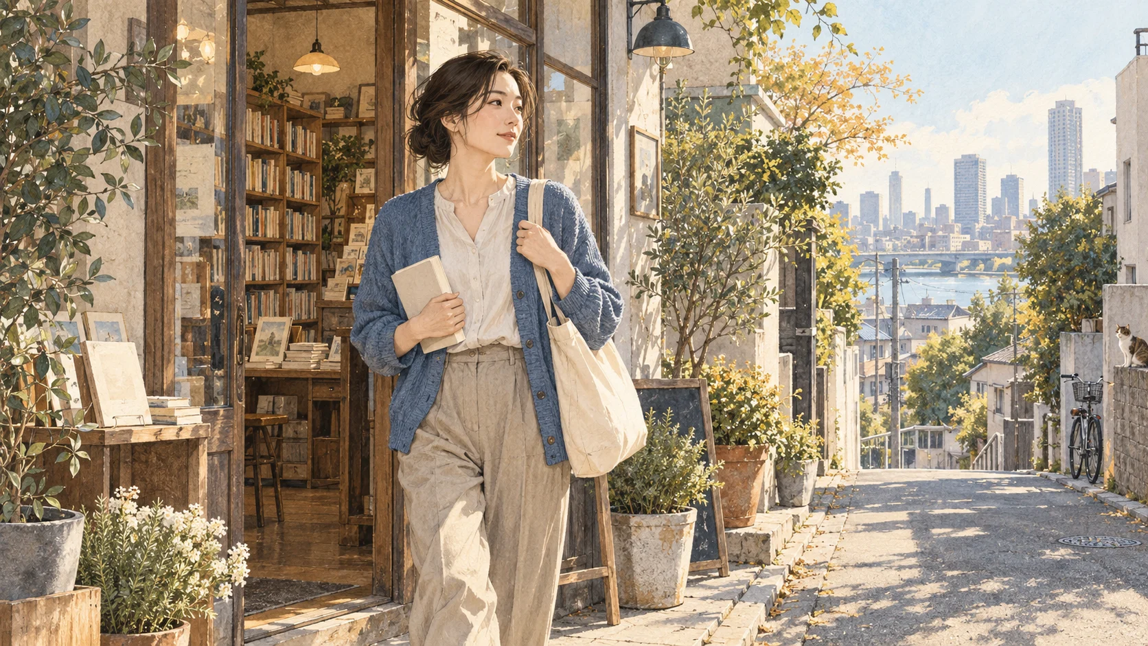 本を持って街の書店の前を歩く女性