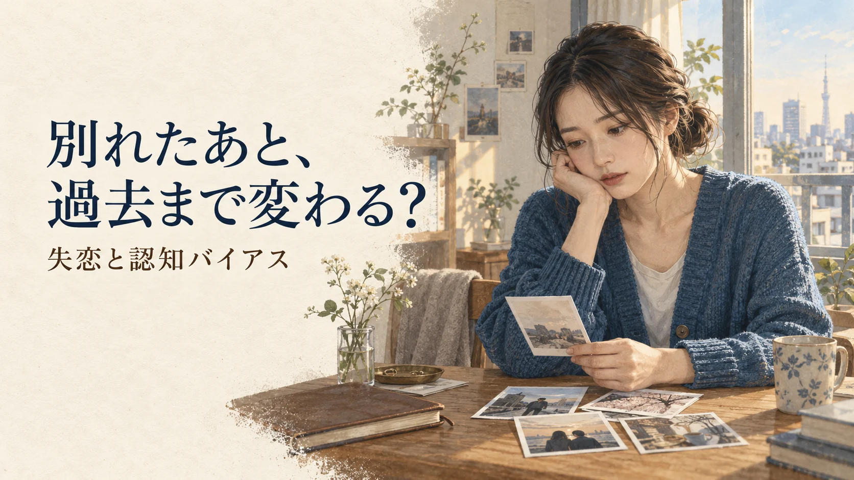写真を前に考える女性と「別れたあと、過去まで変わる？」の文字
