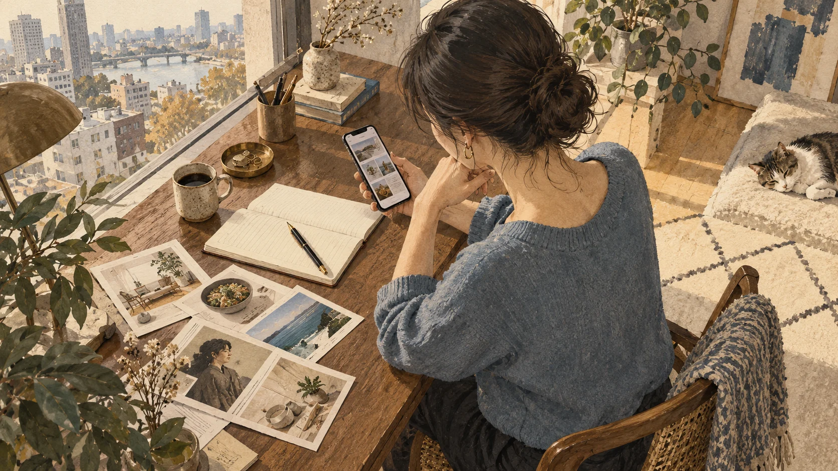 写真とノートを前にスマートフォンを見る女性