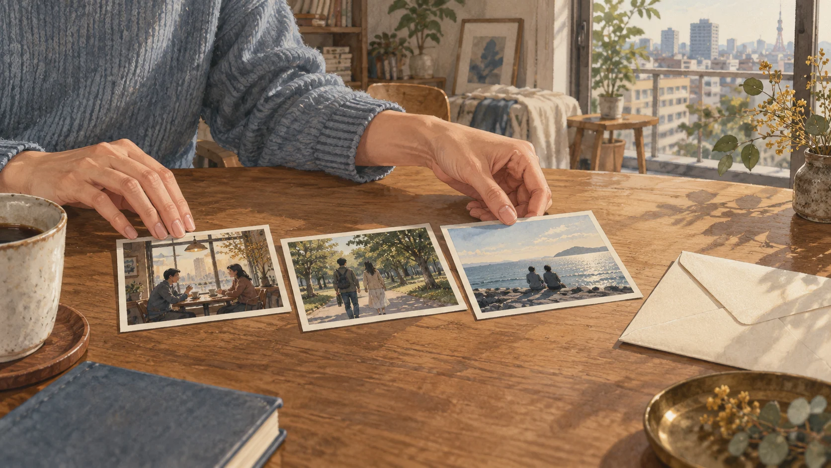 テーブルの上で、カフェや海辺の写真を並べる手元
