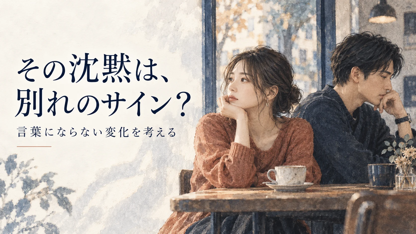カフェの二人と「その沈黙は、別れのサイン？」の文字