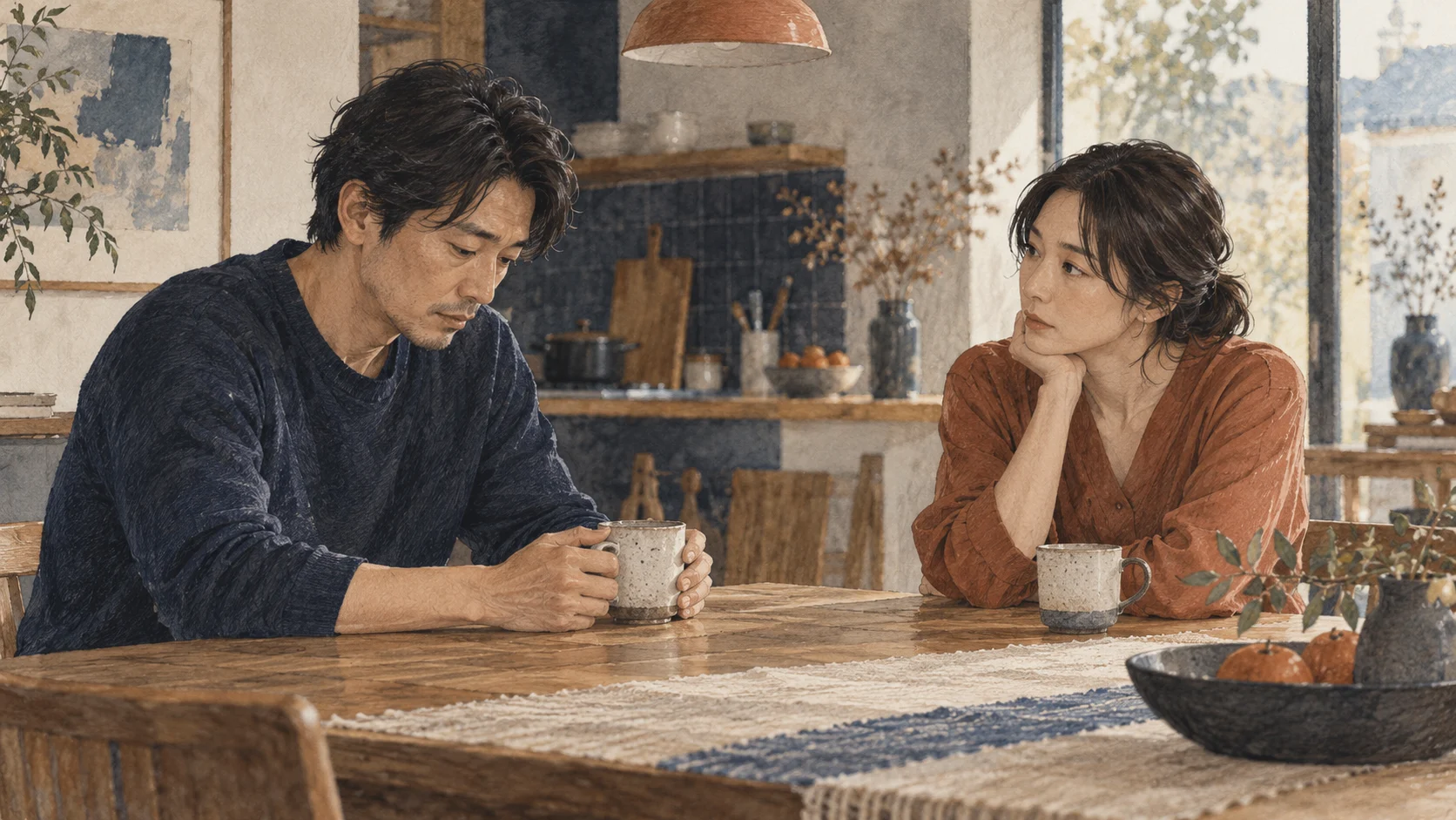 食卓で言葉を考える男性と向かいで待つ女性