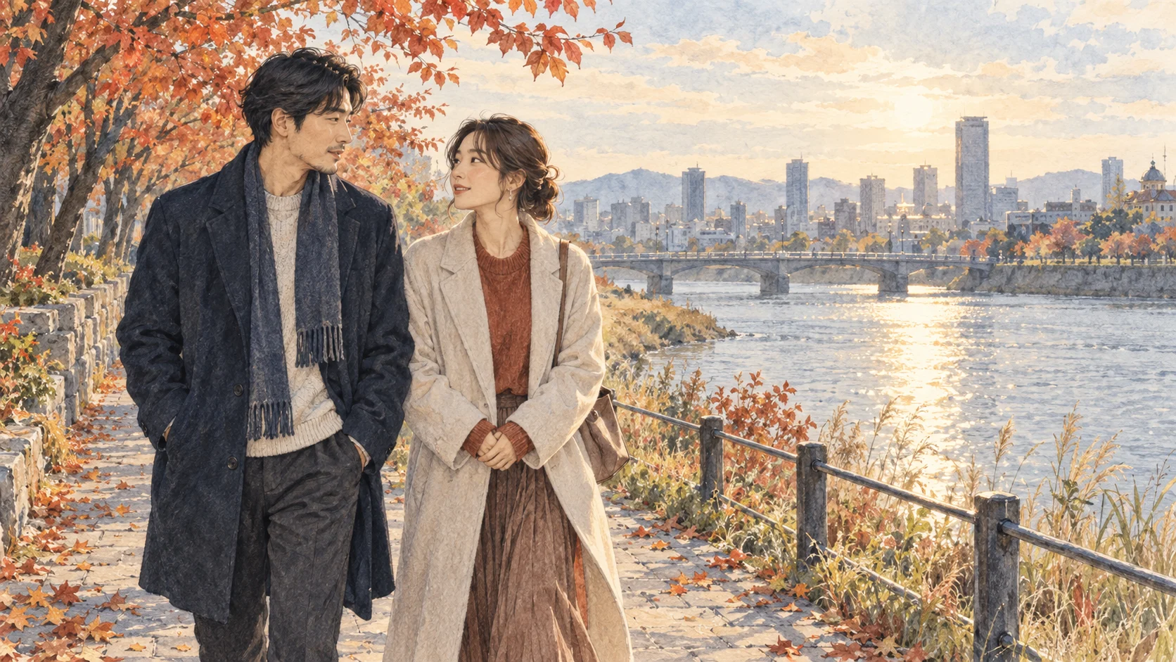 秋の川沿いを歩きながら言葉を交わす二人
