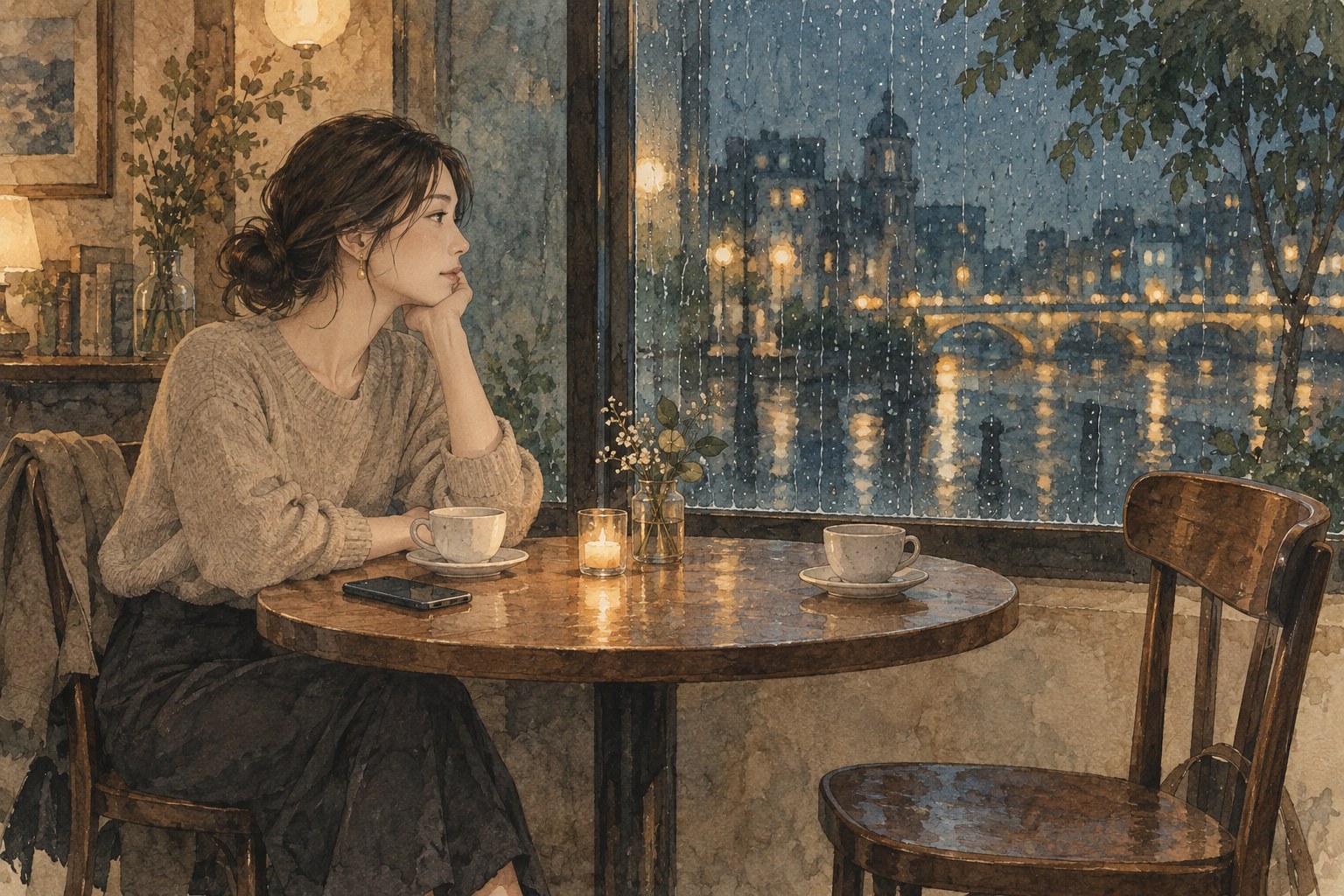 雨のカフェでスマートフォンを伏せ、向かいの空席を前に考える女性