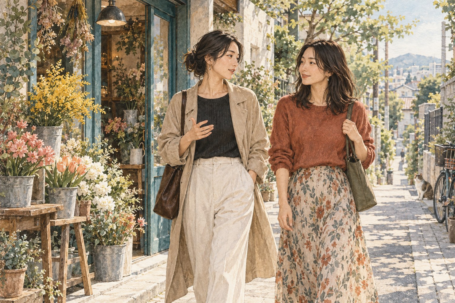 スマートフォンをしまい、友人と街を歩きながら話す女性