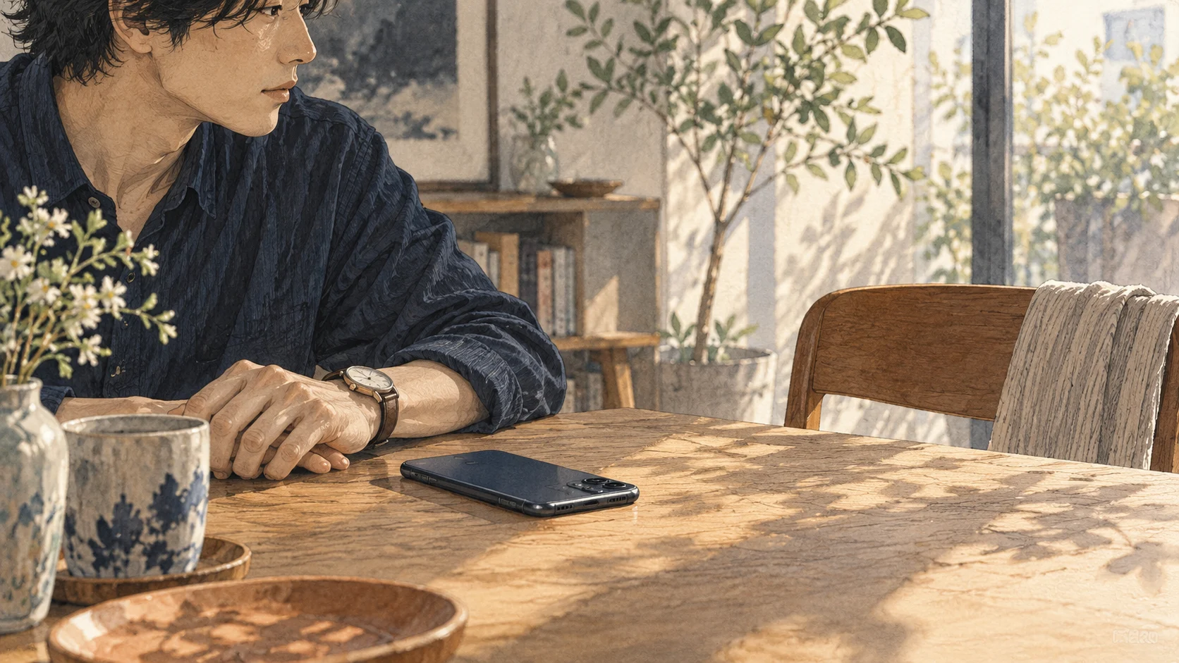 机に伏せて置かれたスマートフォンと手元