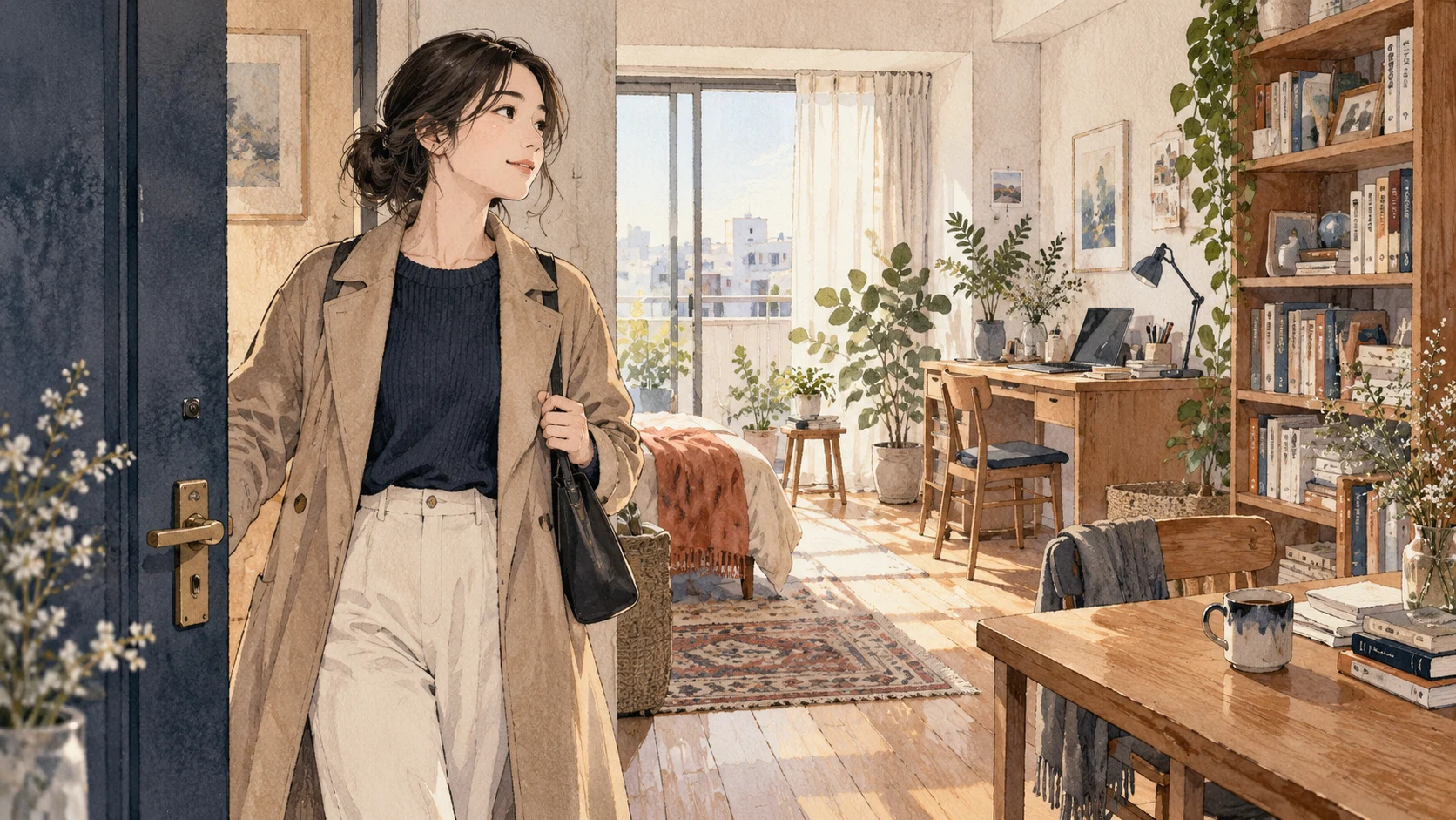 本や植物のある部屋から、自分のペースで外出する女性