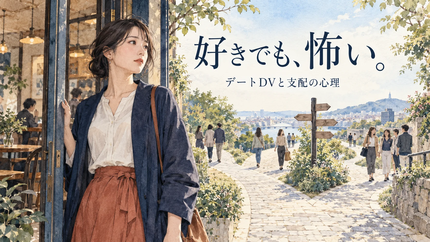 カフェの扉のそばに立つ女性と「好きでも、怖い。」の文字