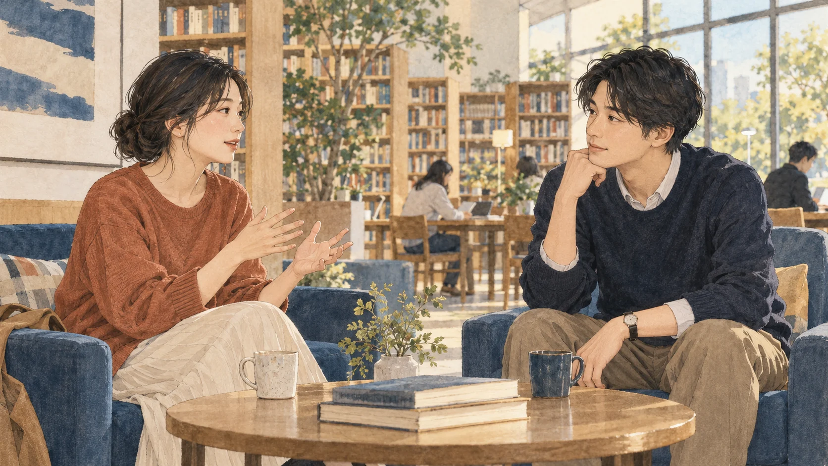 本のある静かな場所で、友人の話に耳を傾ける人