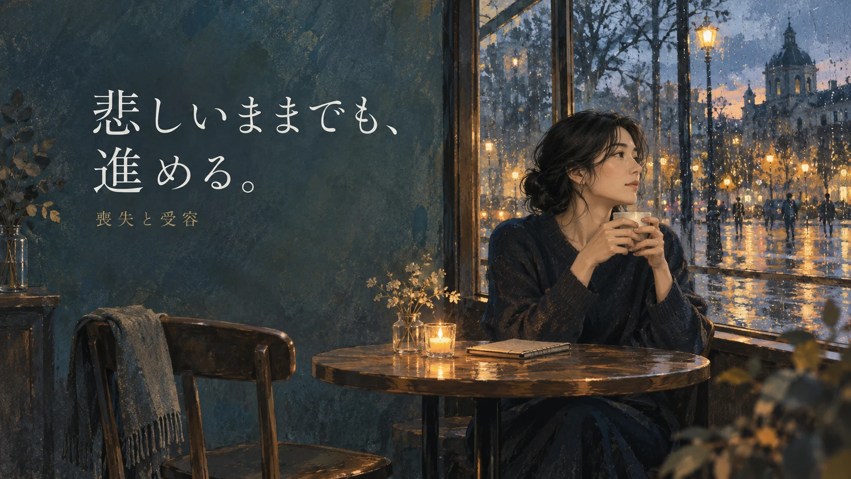 カフェで温かい飲み物を持つ女性と、向かいの空席。「悲しいままでも、進める。」の文字