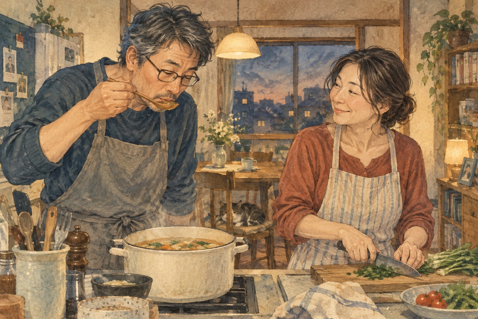 夕食を一緒に作りながら、穏やかな時間を過ごす二人