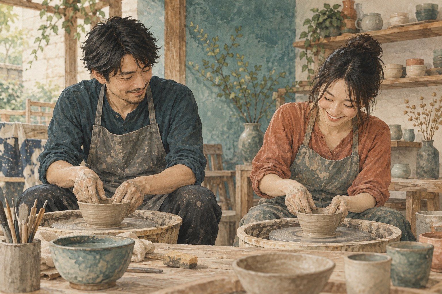 陶芸を一緒に体験し、出来上がる器を楽しむ二人