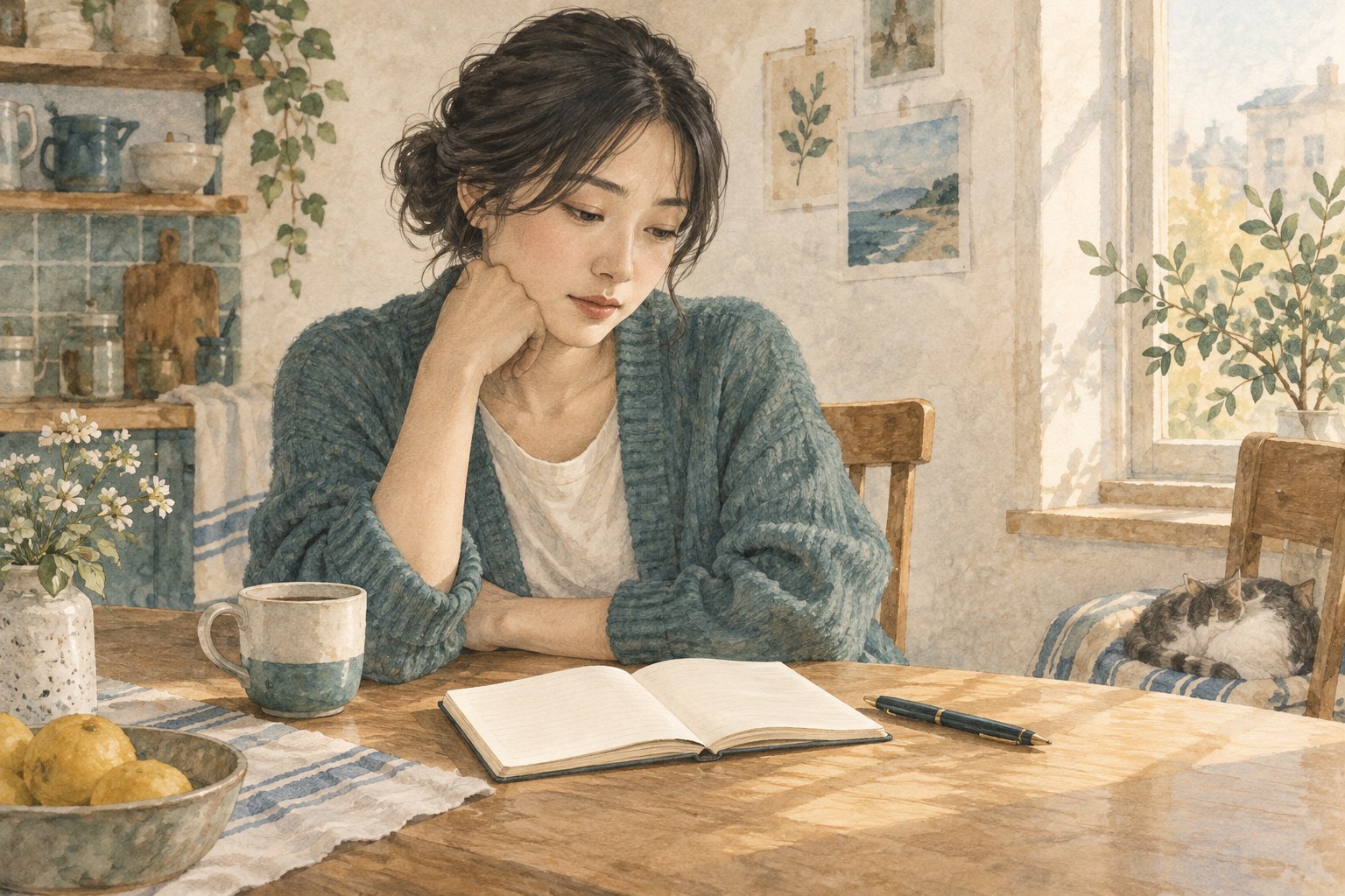 朝の食卓でノートを前に、自分の気持ちを静かに考える女性